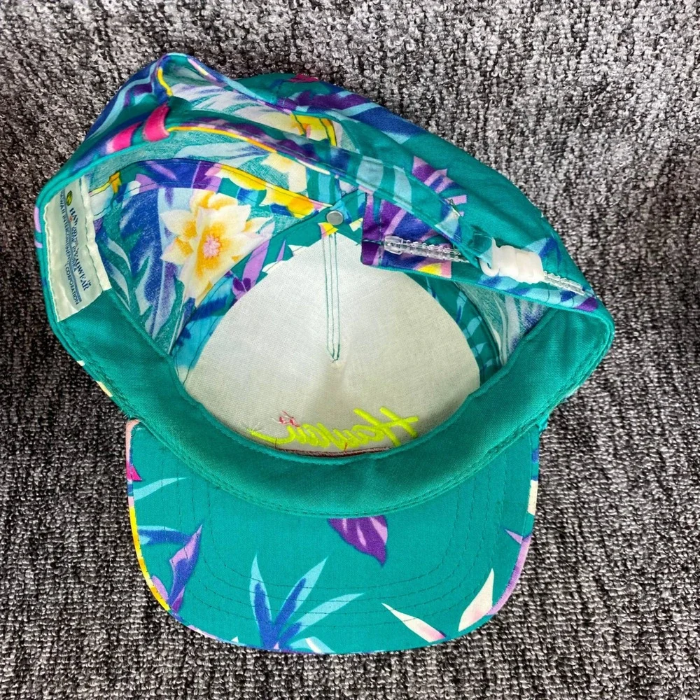 VTG Hawaii Hat Hawaiian Headwear Snapback Cap Floral Tropical Teal 80s 90s Rope
